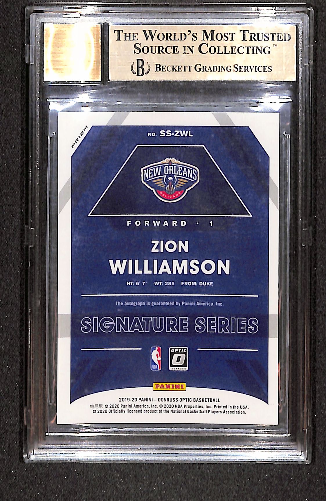 Zion Williamson 2019-20 Donruss Optic Signature Series Holo #SS-ZWL BGS 9.5