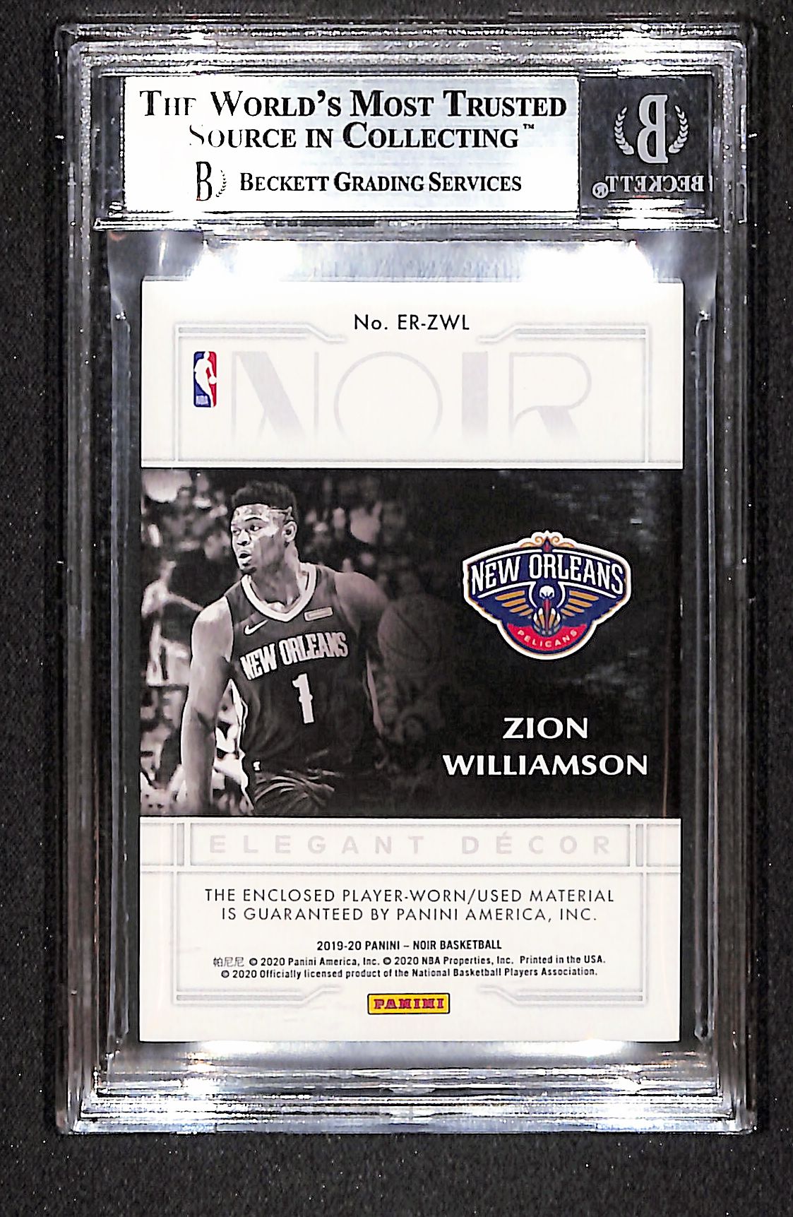 Zion Williamson 2019-20 Noir Elegant Décor Rookie Jerseys #ER-ZWL #/65 BGS 8.5