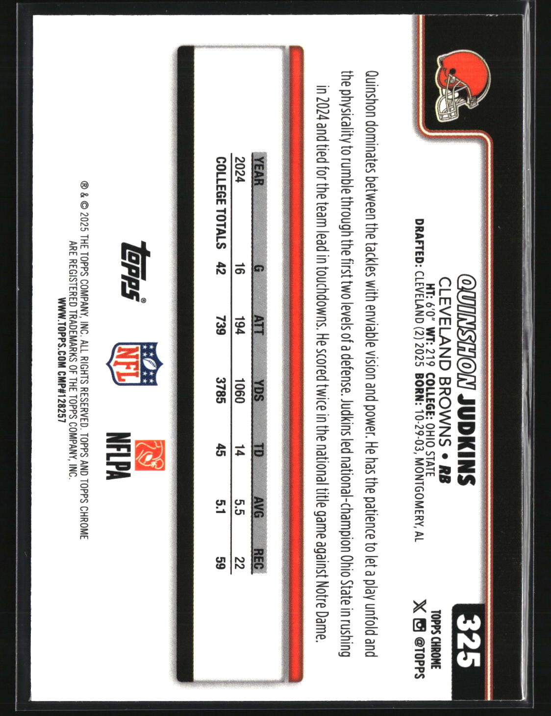Quinshon Judkins 2025 Topps Chrome Football #325