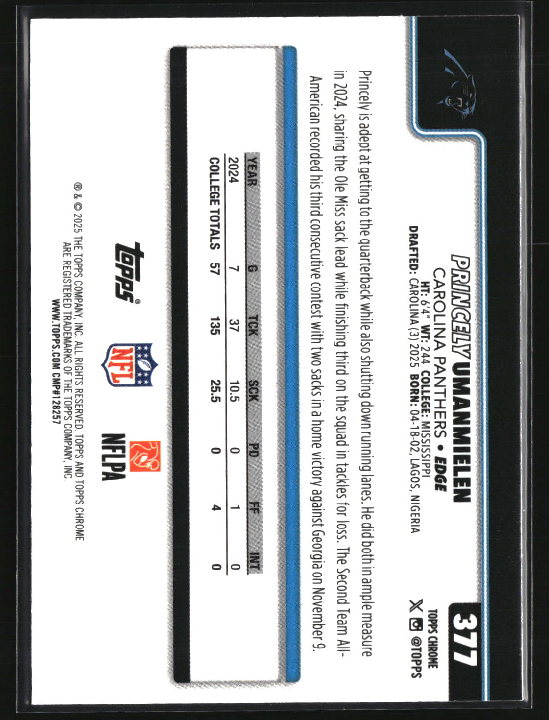 Princely Umanmielen 2025 Topps Chrome Football #377
