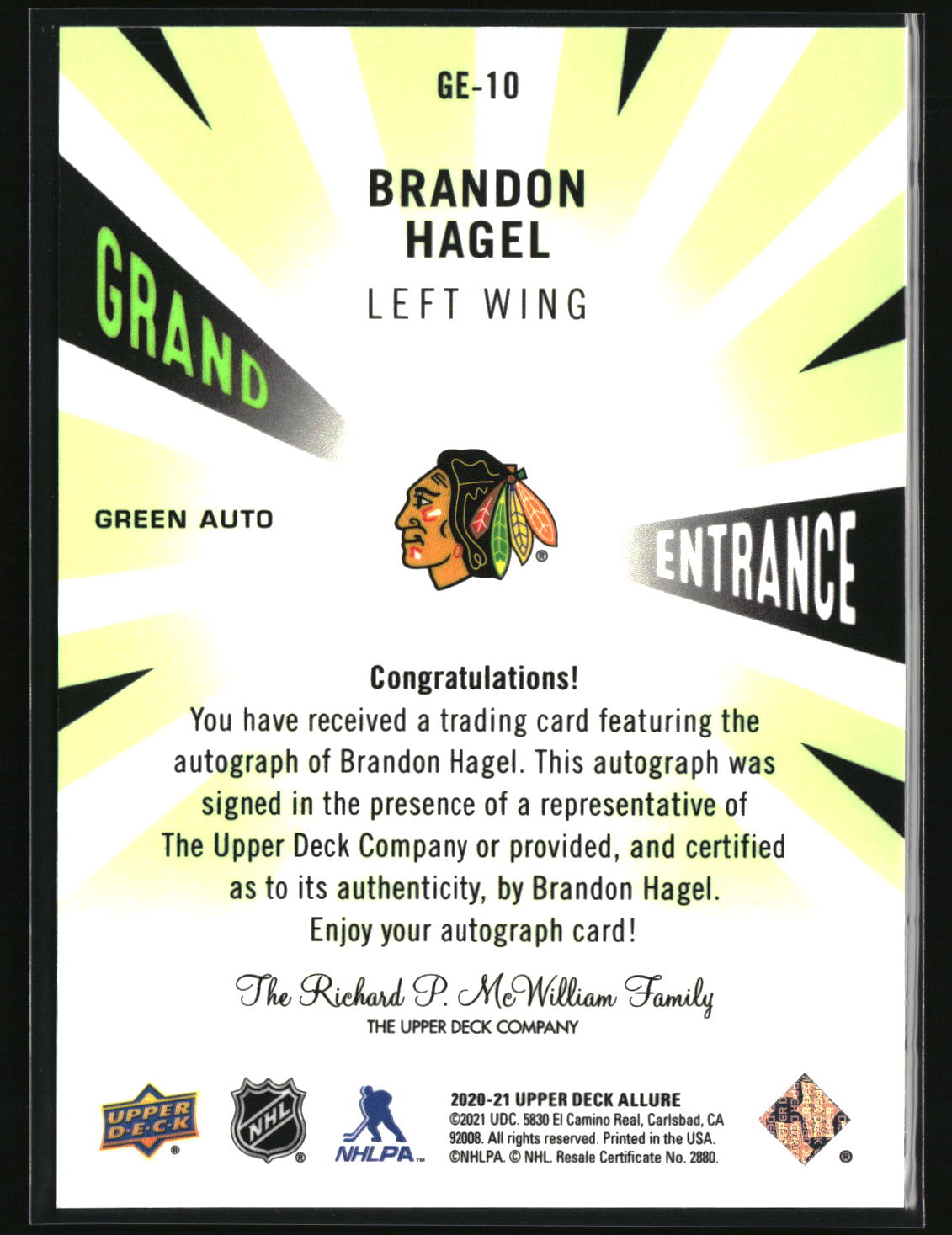 Brandon Hagel 2020-21 Upper Deck Allure Grand Entrance Green Autographs #GE-10
