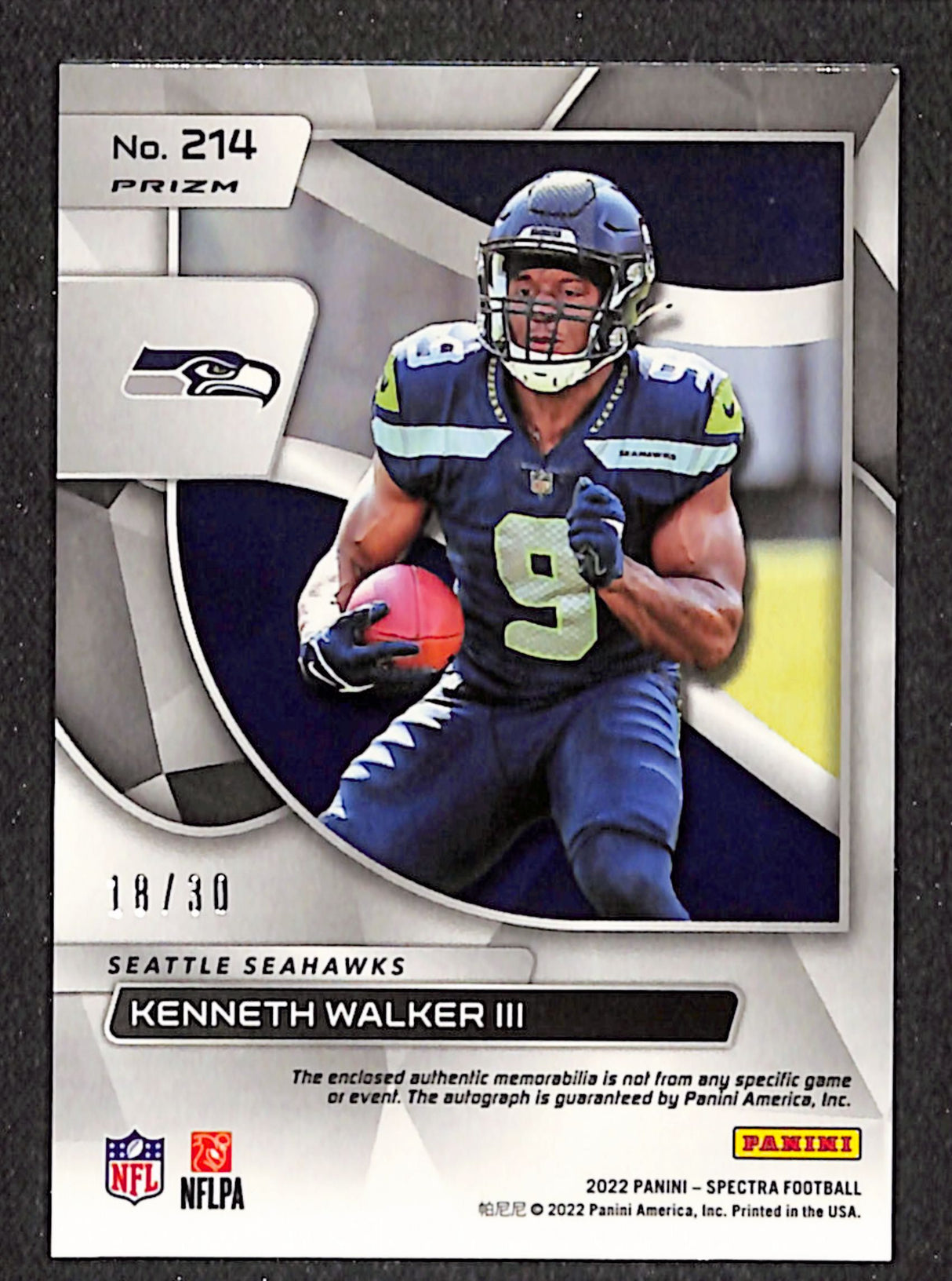 Kenneth Walker III 2022 Spectra Rookie Patch Autographs Neon Purple #214 #/30