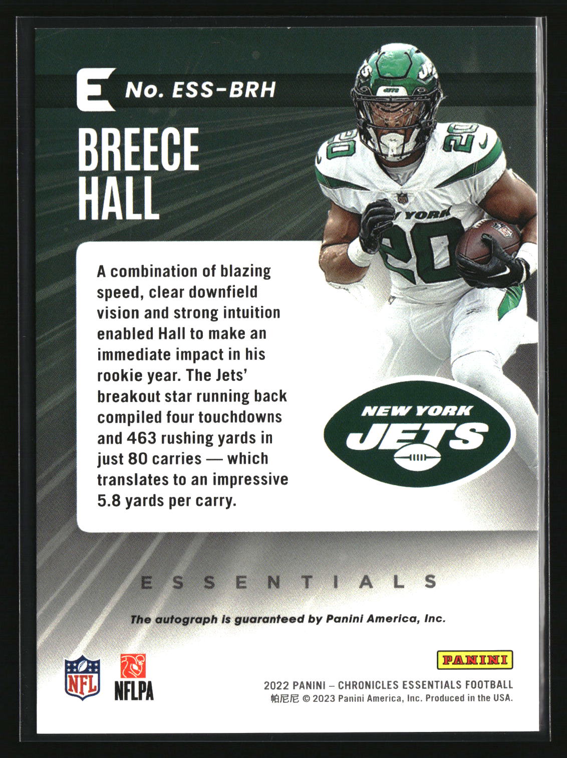 Breece Hall 2022 Panini Chronicles Essentials Autographs #ESS-BRH #/199