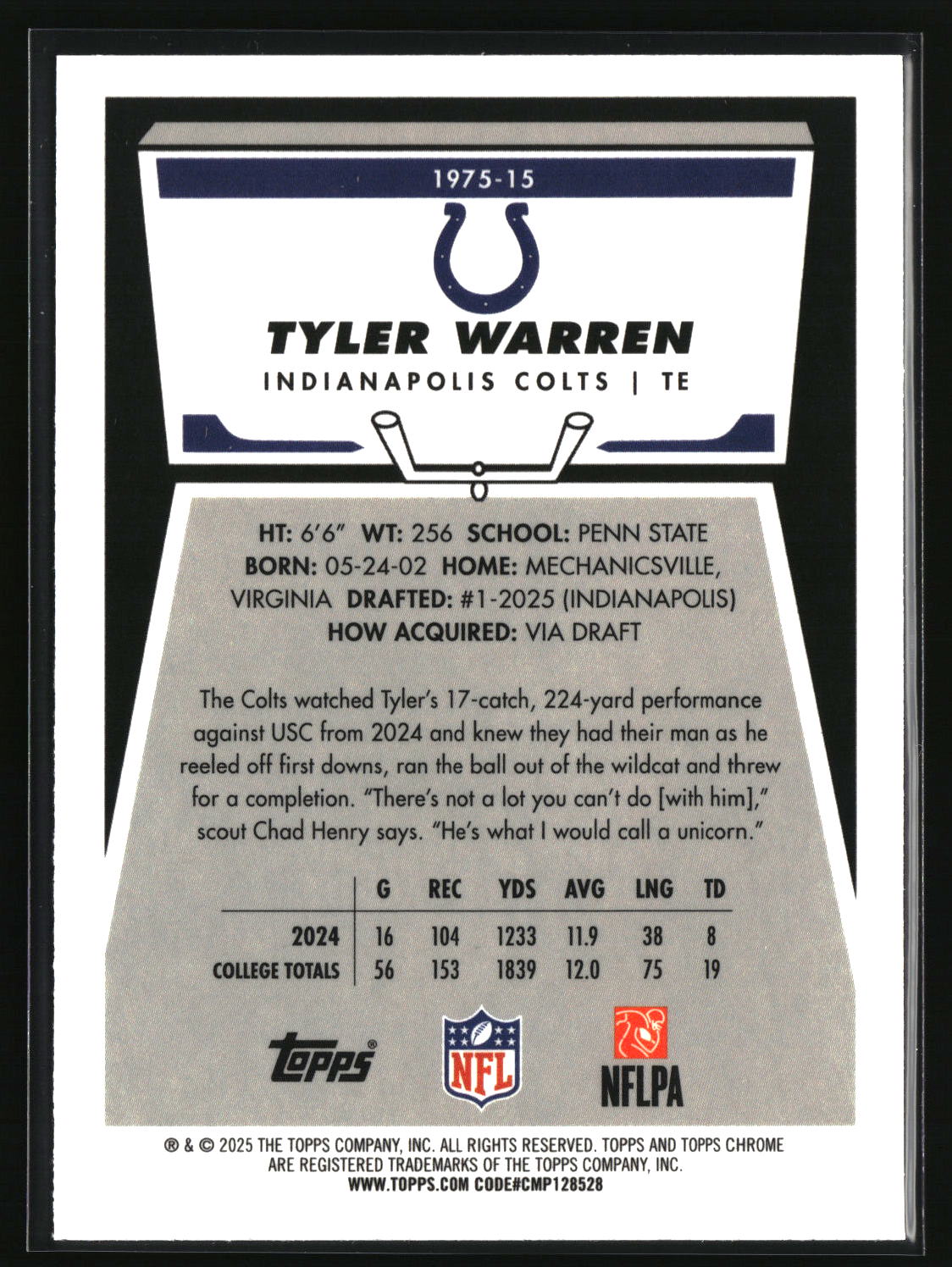 Tyler Warren 2025 Topps Chrome 1975 Topps Blue Refractor #1975-15 #/150