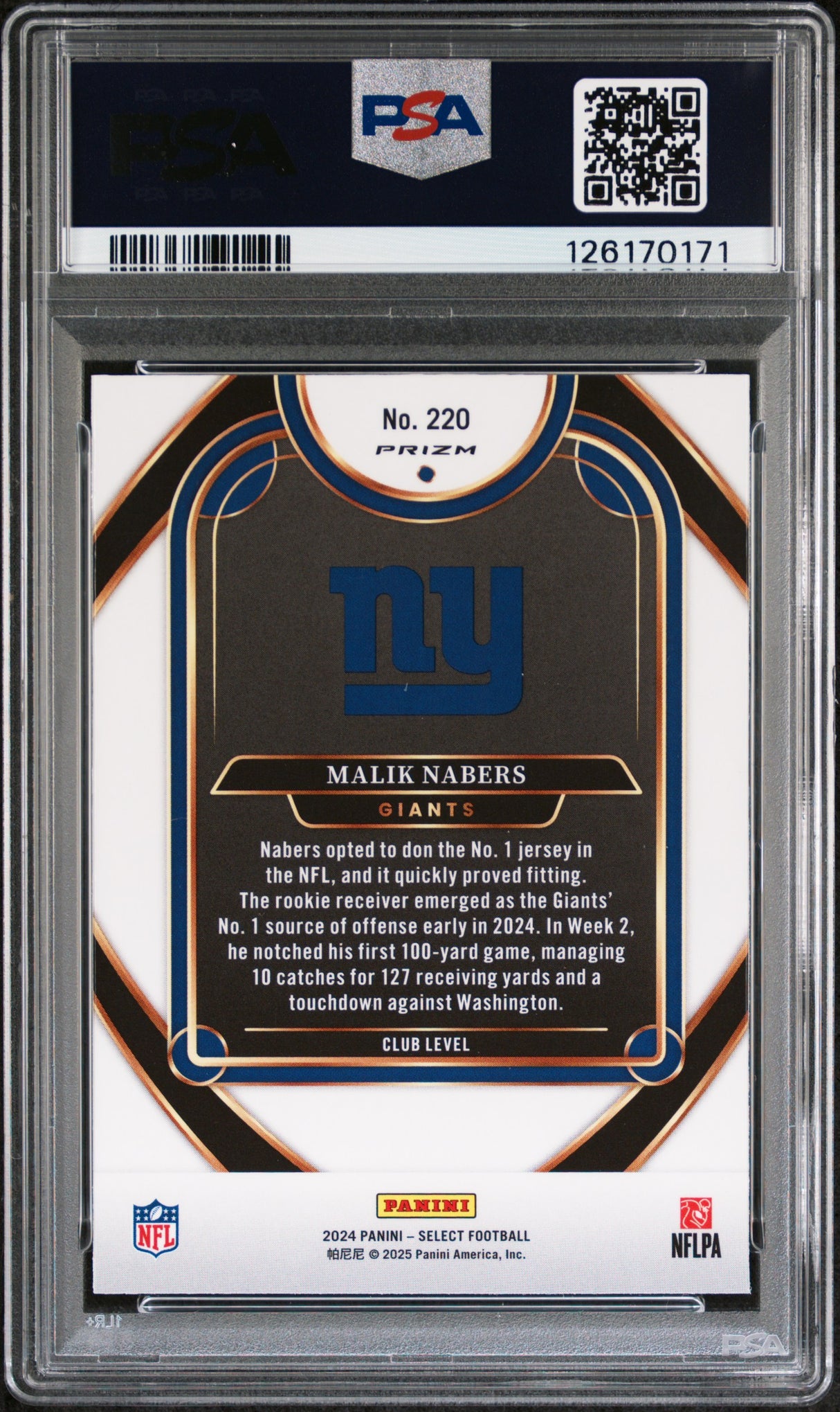 Malik Nabers 2024 Panini Select Red & Yellow Prizm Shock #220 PSA 10