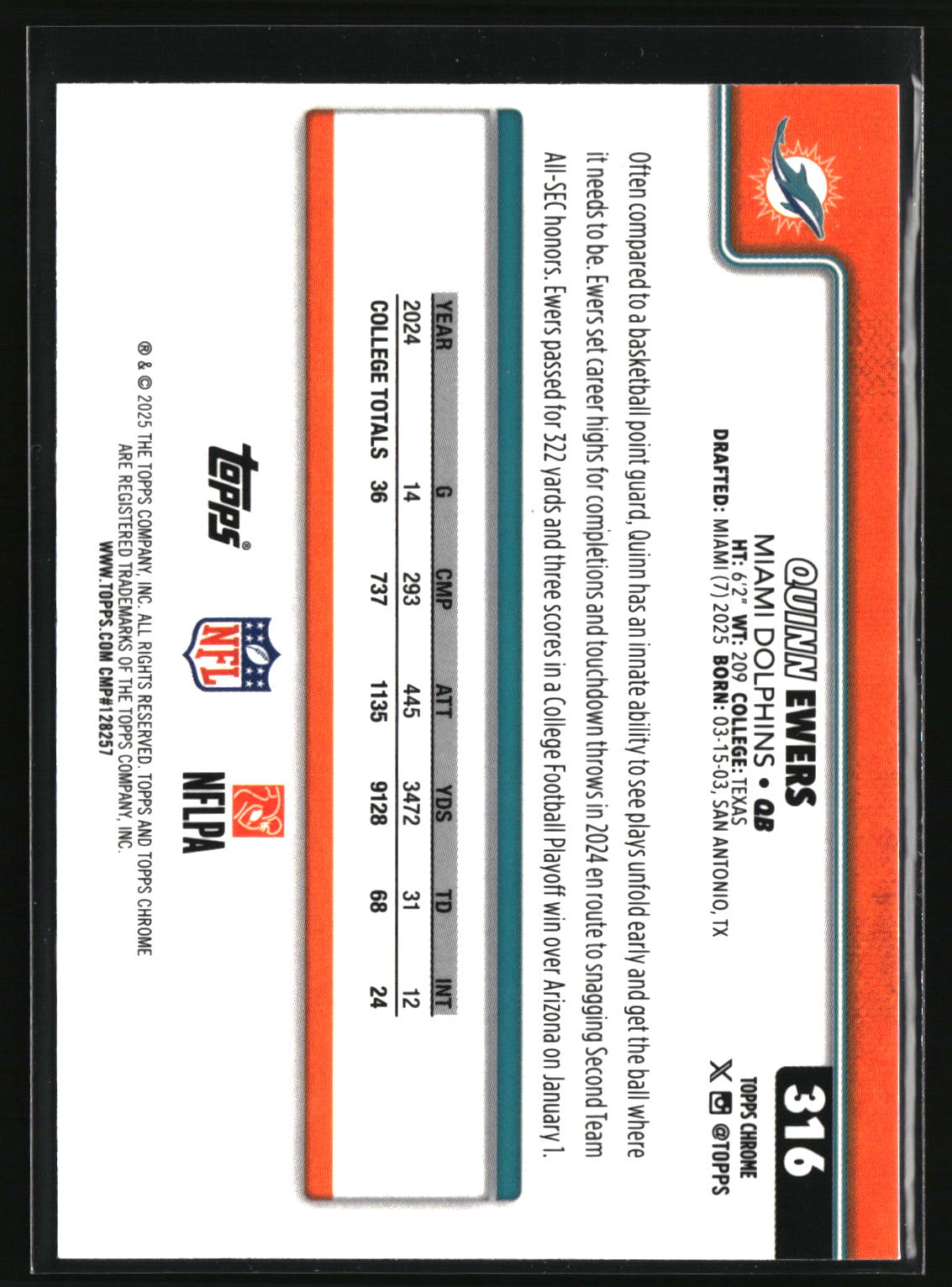Quinn Ewers 2025 Topps Chrome Red White and Blue Refractor #316