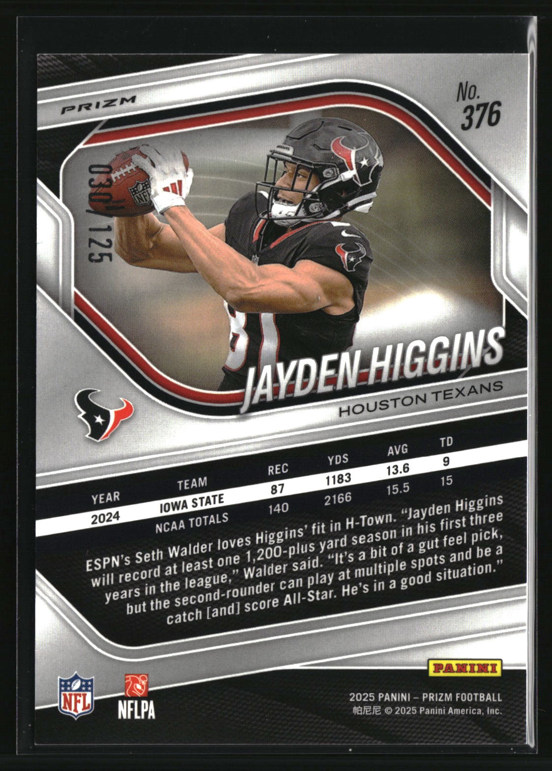 Jayden Higgins 2025 Panini Prizm Purple #376 #/125
