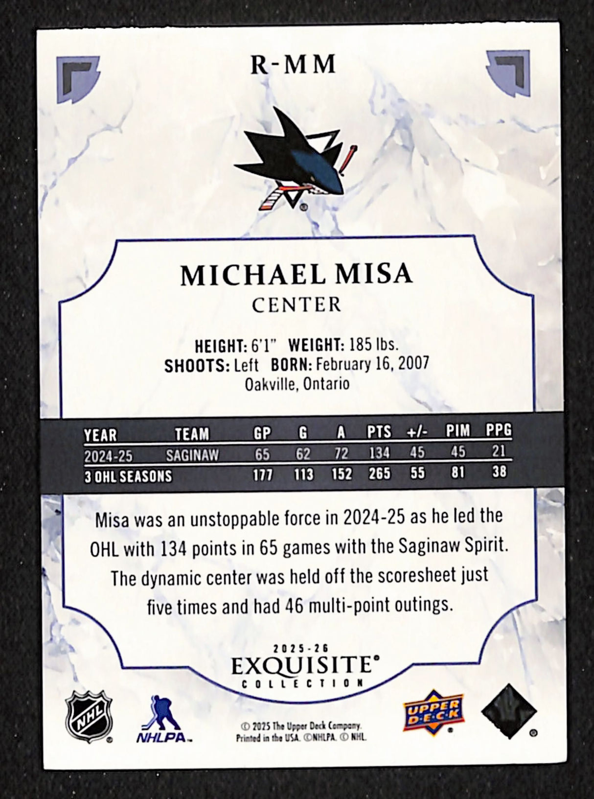 Michael Misa 2025-26 UD Black Diamond Exquisite Rookies Gold #R-MM #/99