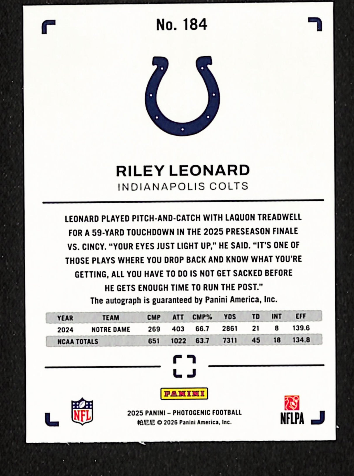 Riley Leonard 2025 Panini Photogenic #184