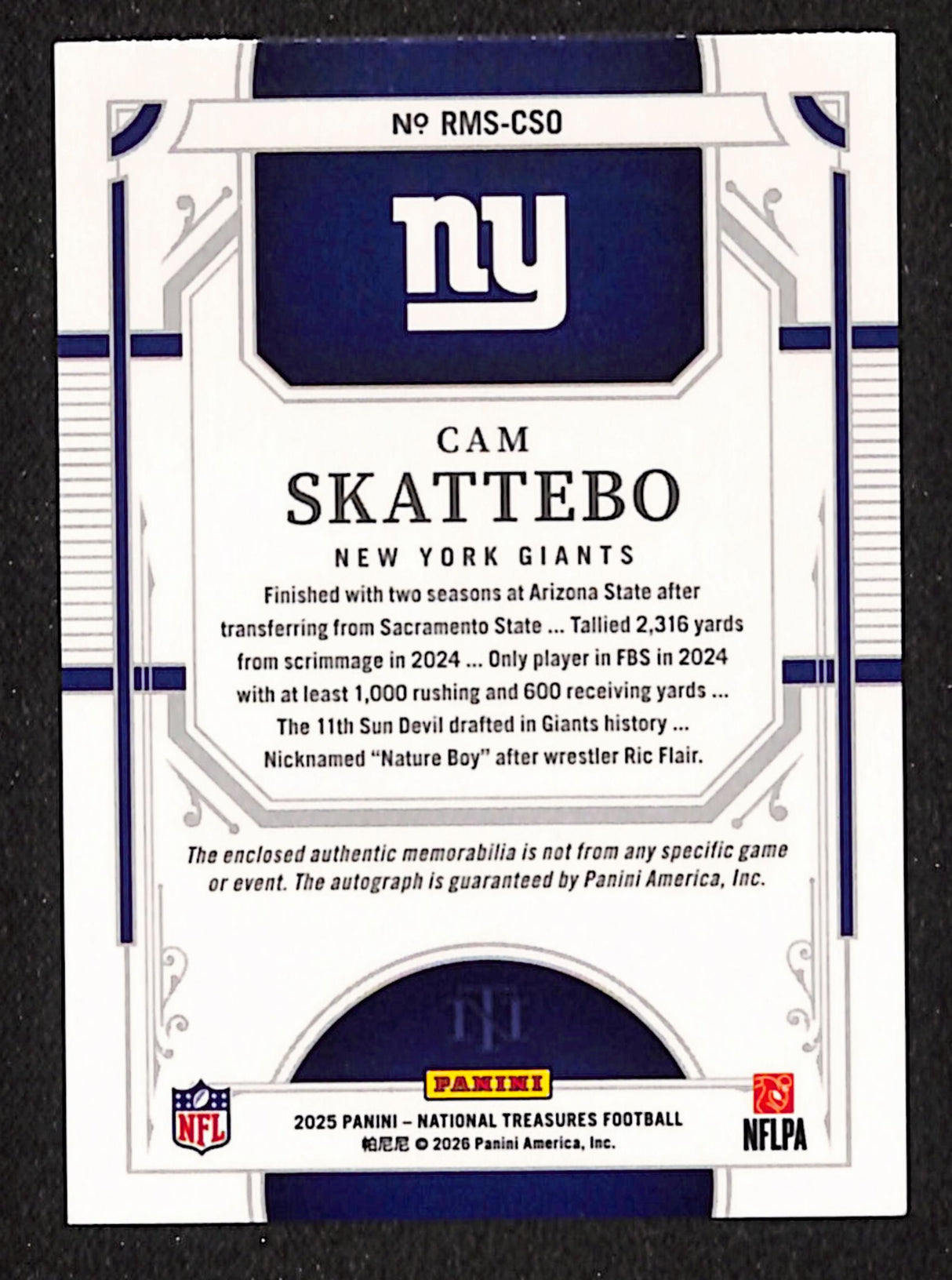 Cam Skattebo 2025 National Treasures Rookie Material Signatures #RMS-CSO #/99
