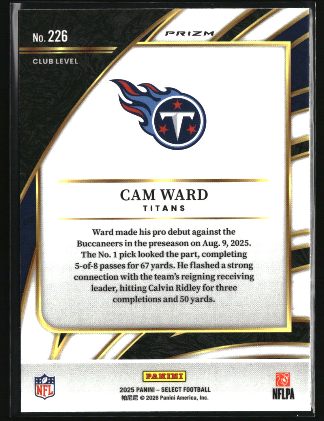 Cam Ward 2025 Panini Select Black and Red Prizm Shock #226