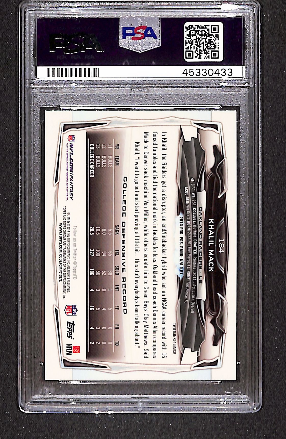 Khalil Mack 2014 Topps Chrome #184 PSA 9
