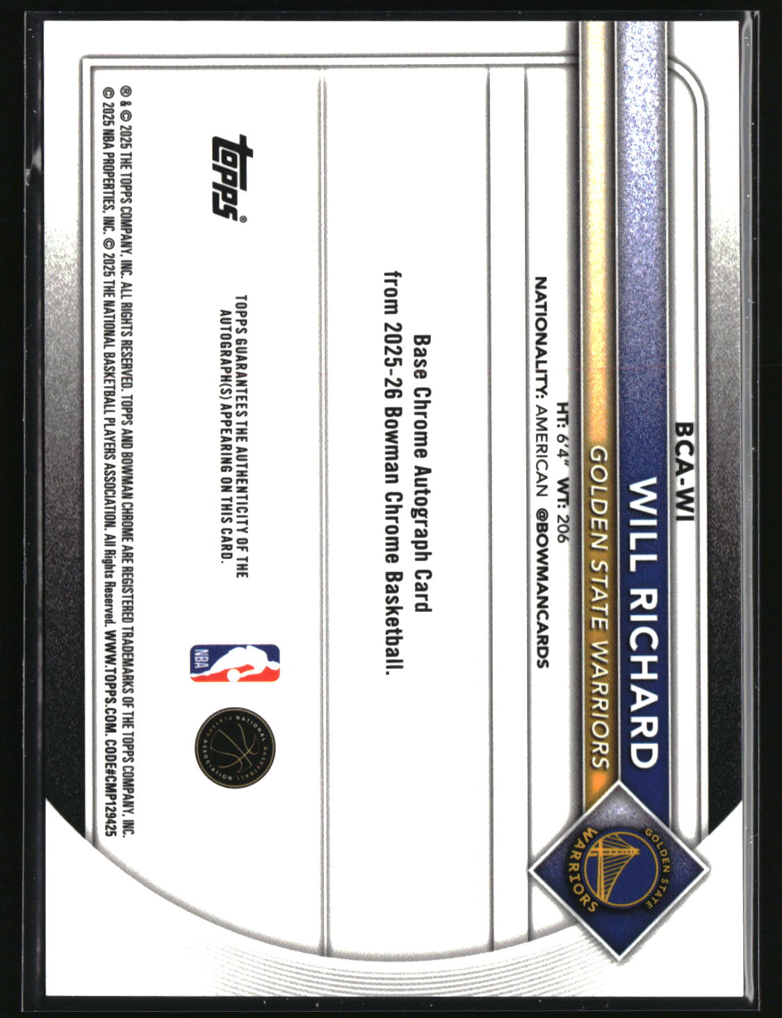 Will Richard 2025-26 Bowman Chrome Autographs Blue Refractor #BCA-WI #/150