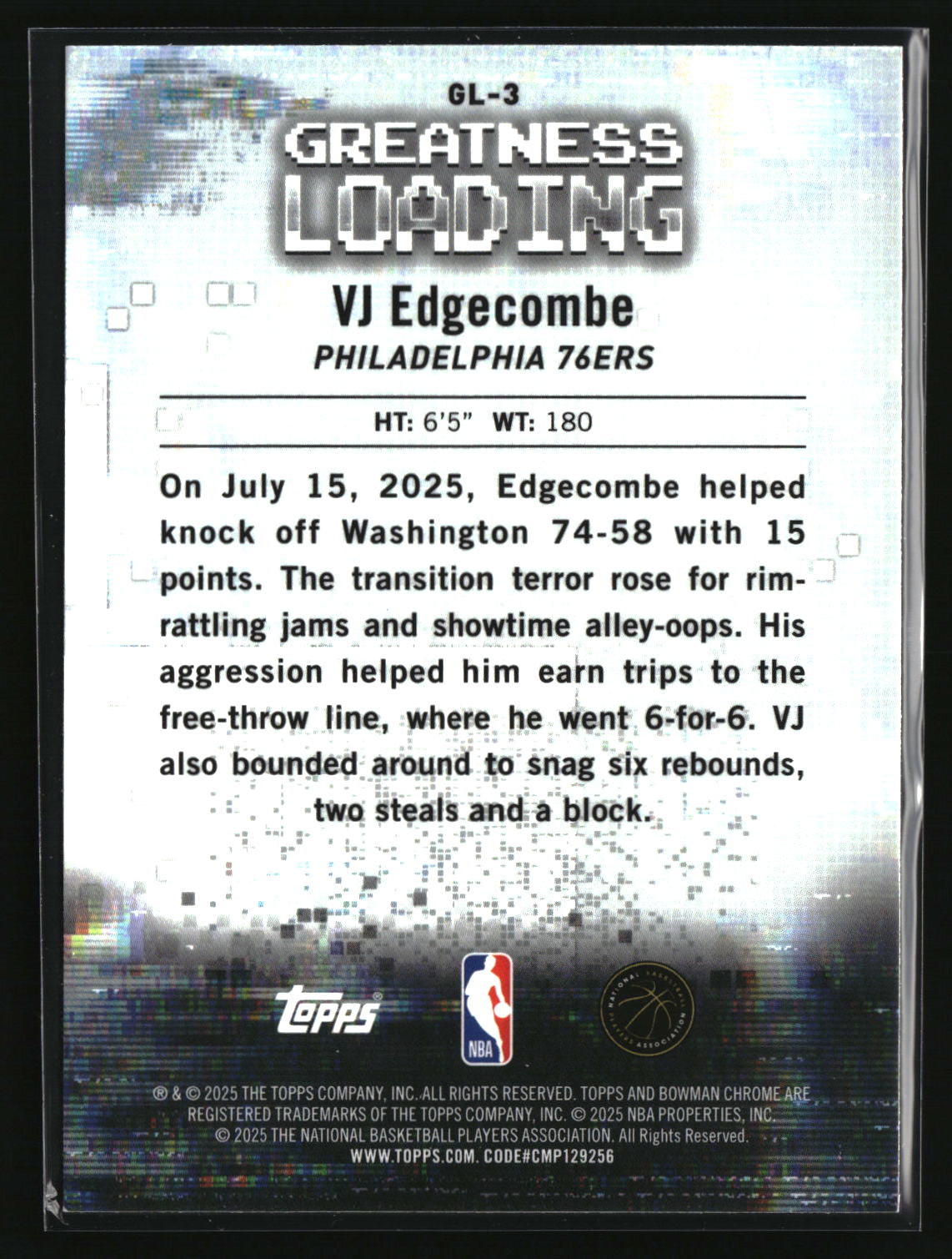 VJ Edgecombe 2025-26 Bowman Greatness Loading #GL-3