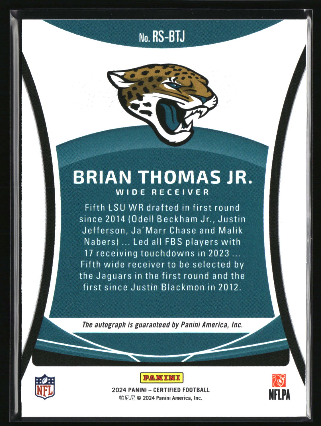 Brian Thomas Jr. 2024 Panini Certified Rookie Signatures Gold Etch #RS-BTJ #/10