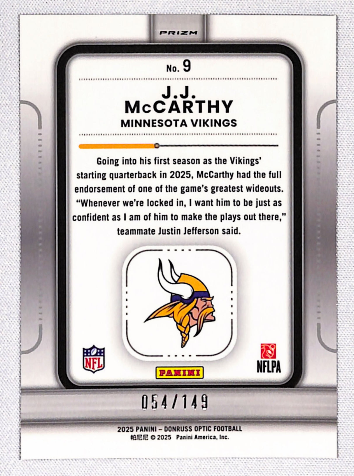 J.J. McCarthy 2025 Donruss Optic Play Action Black Pandora #9 #/149