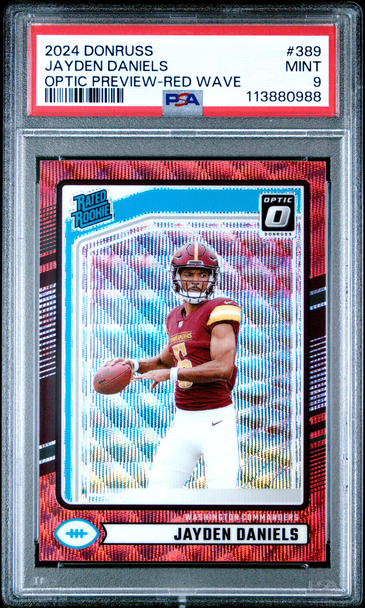 Jayden Daniels 2024 Donruss Optic Rated Rookies Preview Red Wave #389 PSA 9
