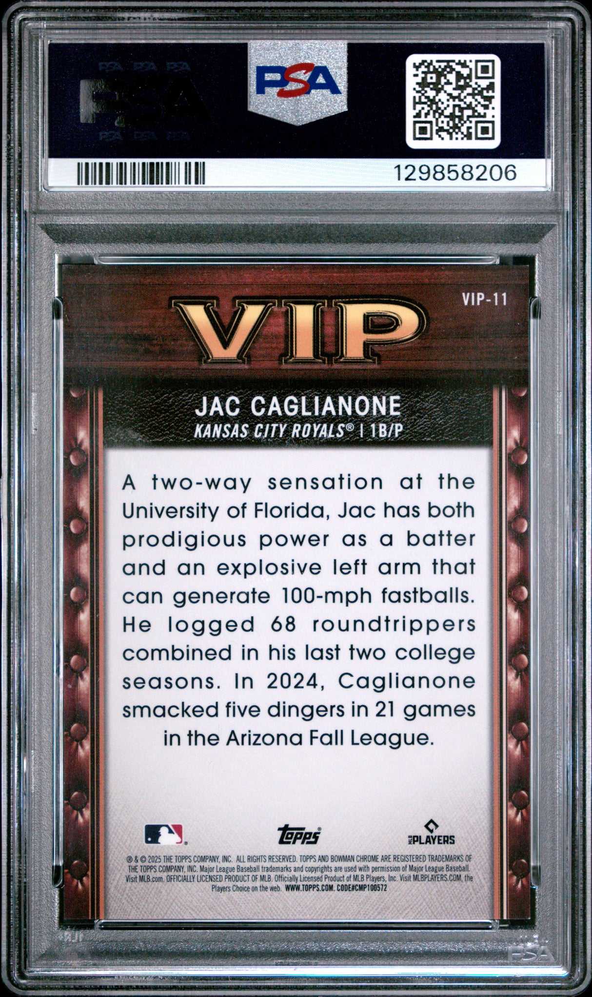 Jac Caglianone 2025 Bowman VIP Mini Diamond Refractor #VIP-11 #/150 PSA 10