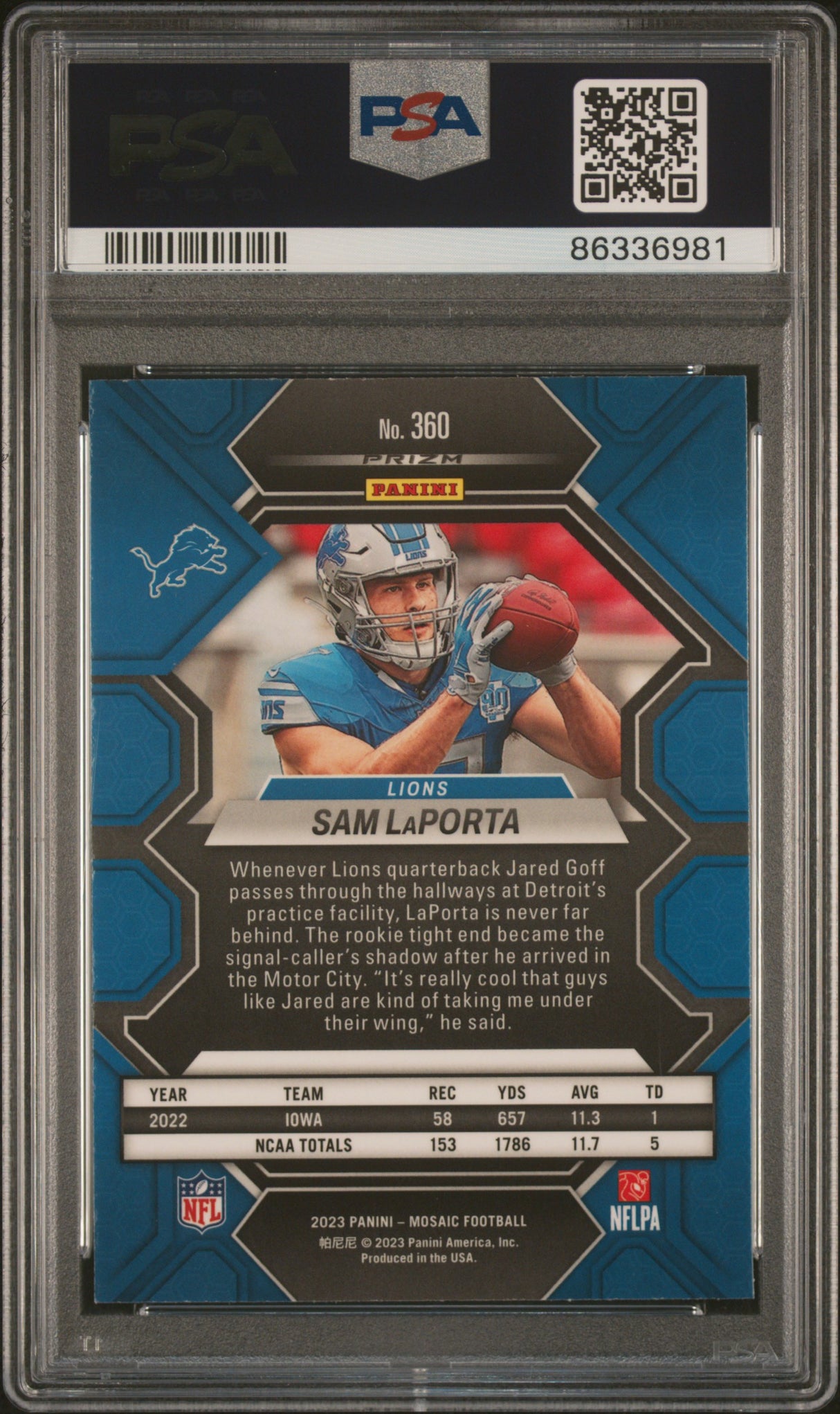 Sam LaPorta 2023 Panini Mosaic Green Mosaic #360 PSA 9