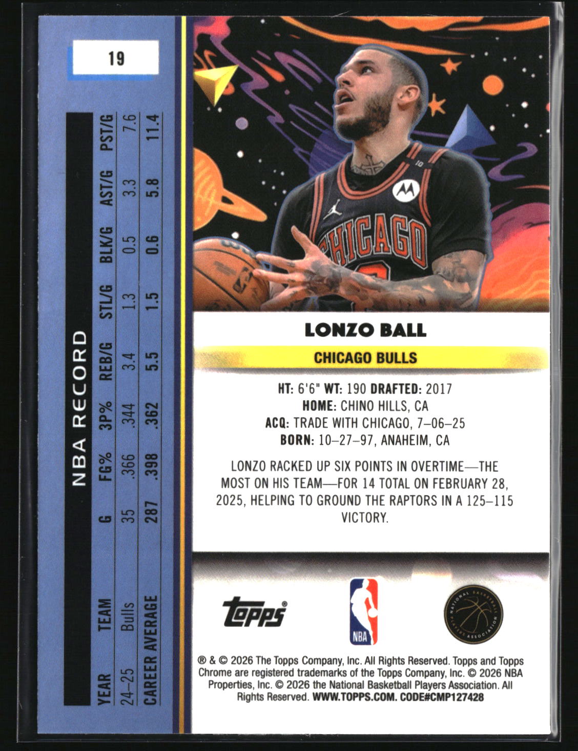 Lonzo Ball 2025-26 Topps Chrome Cosmic Blue Moon Refractor #19 #/99