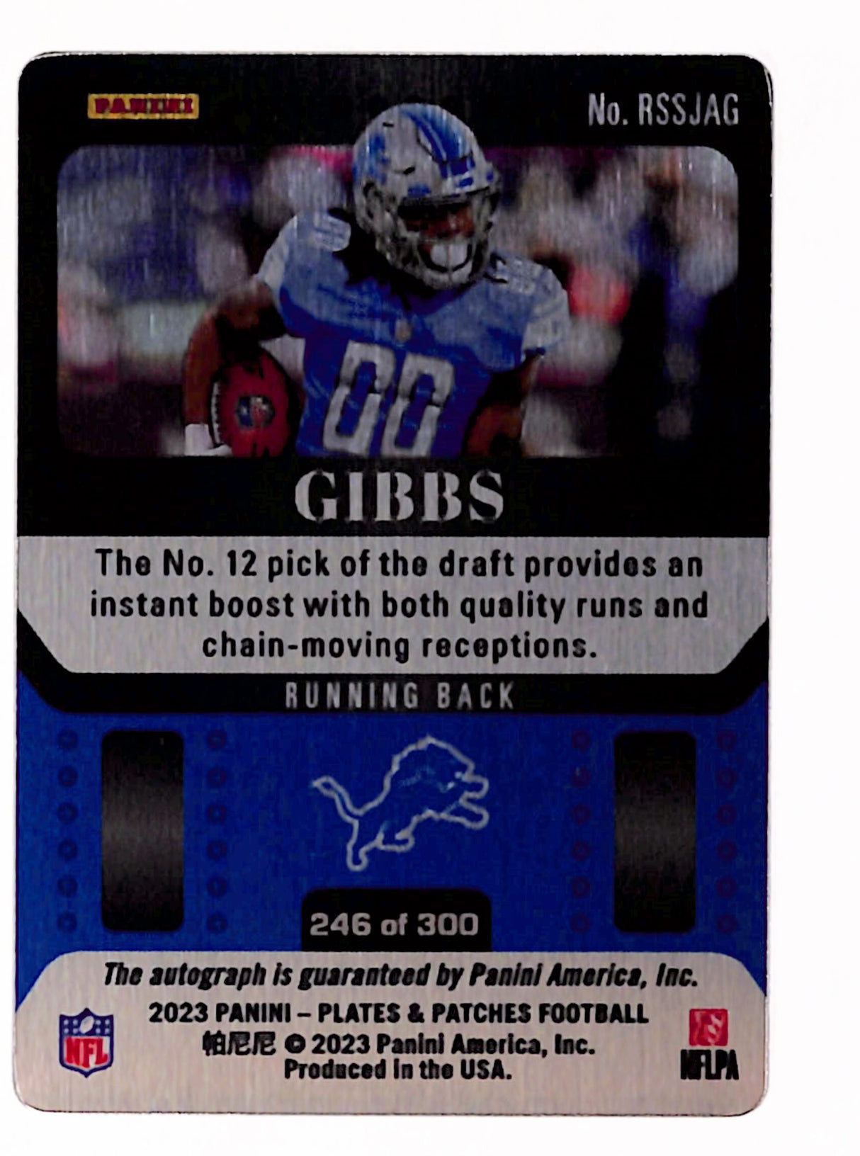 Jahmyr Gibbs 2023 Panini Plates & Patches Rookie Steel Signatures #RSSJAG #/300