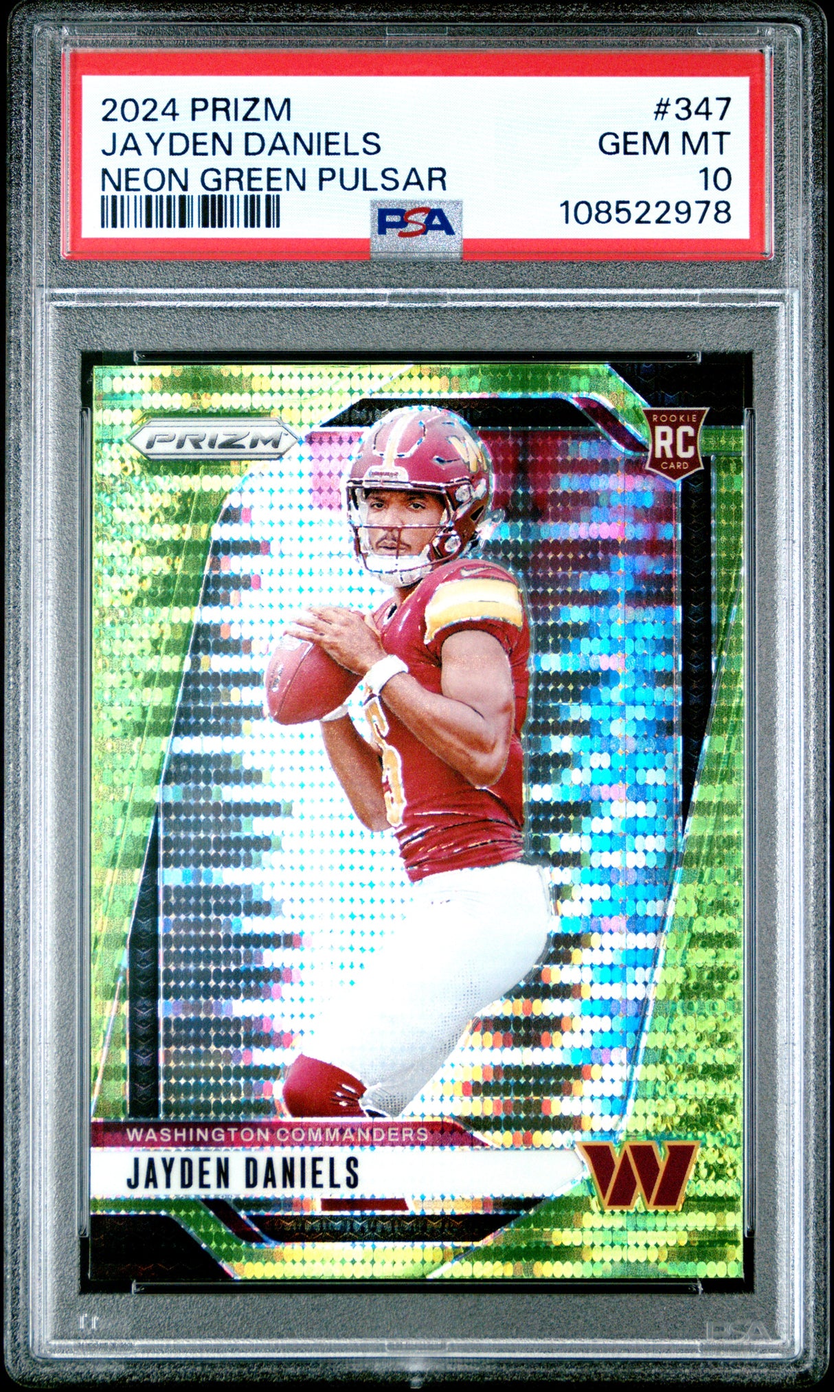 Jayden Daniels 2024 Panini Prizm Neon Green Pulsar #347 PSA 10