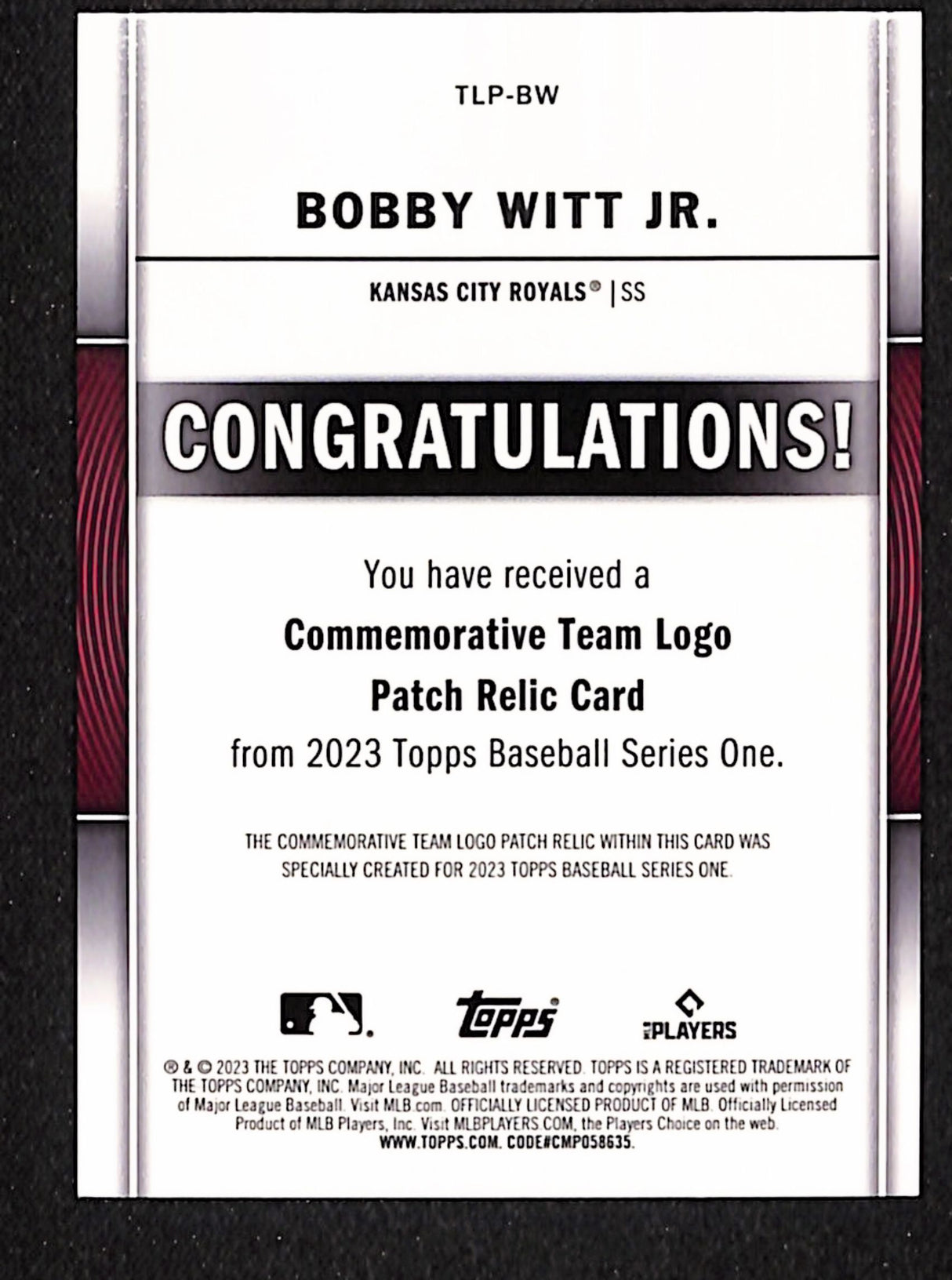 Bobby Witt Jr. 2023 Topps Commemorative Team Logo Patches #TLP-BW