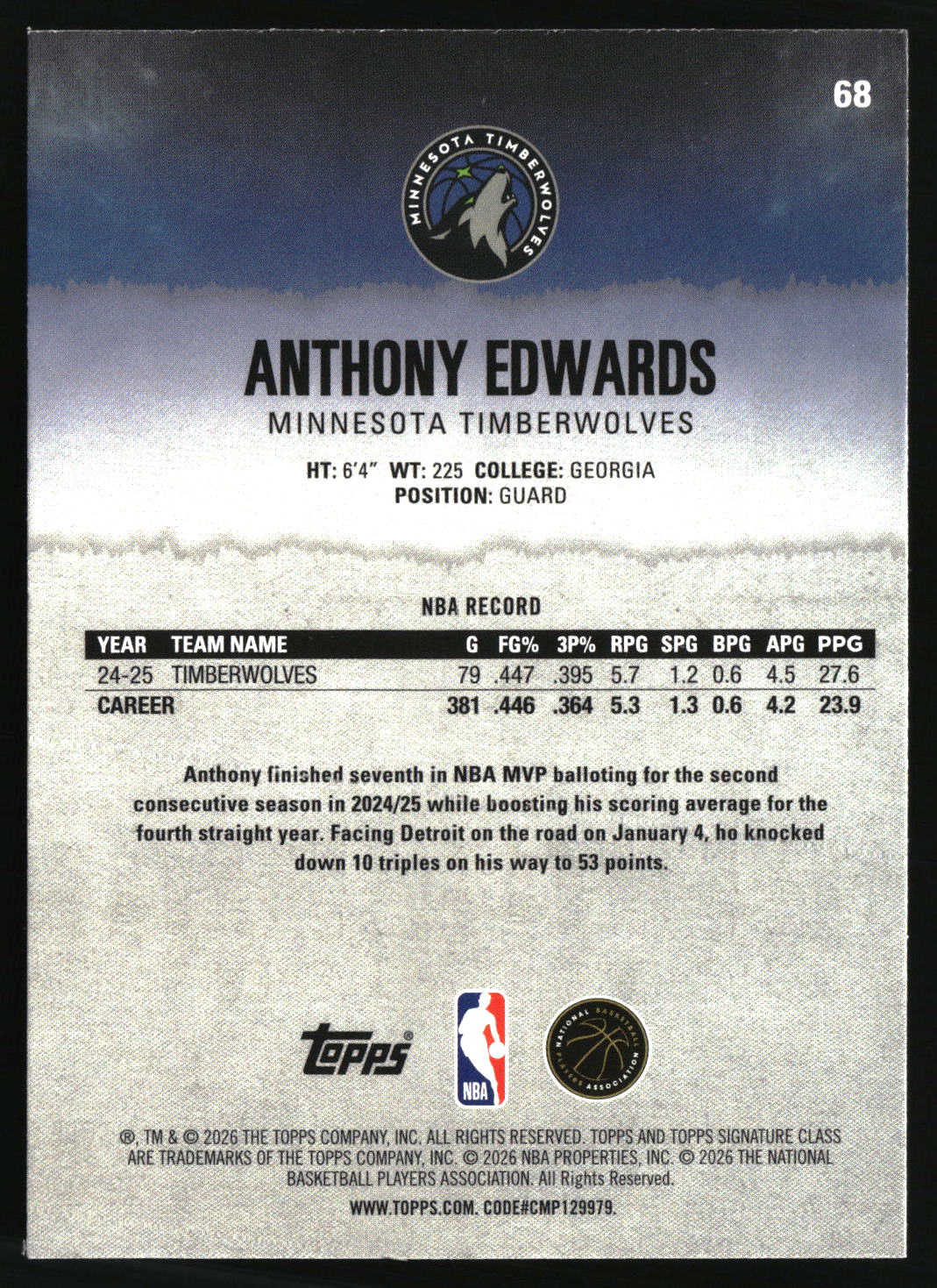 Anthony Edwards 2025-26 Topps Signature Class #68