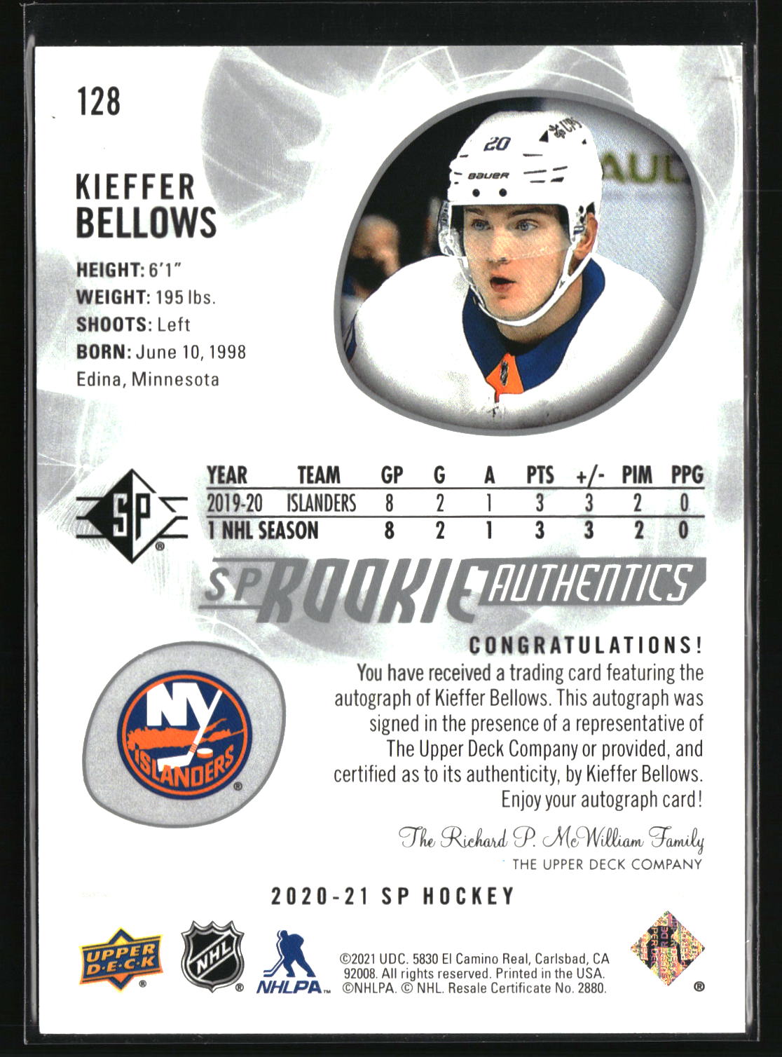 Kieffer Bellows 2020-21 SP Signatures #128