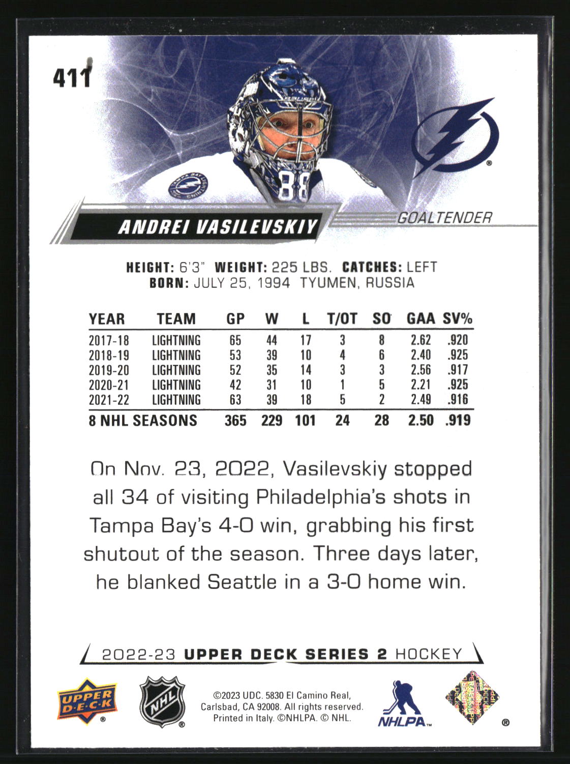 Andrei Vasilevskiy 2022-23 Upper Deck #411