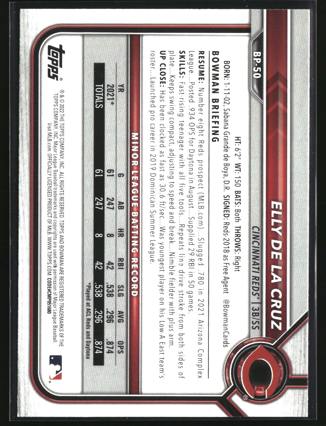 Elly De La Cruz 2022 Bowman Prospects #BP-50