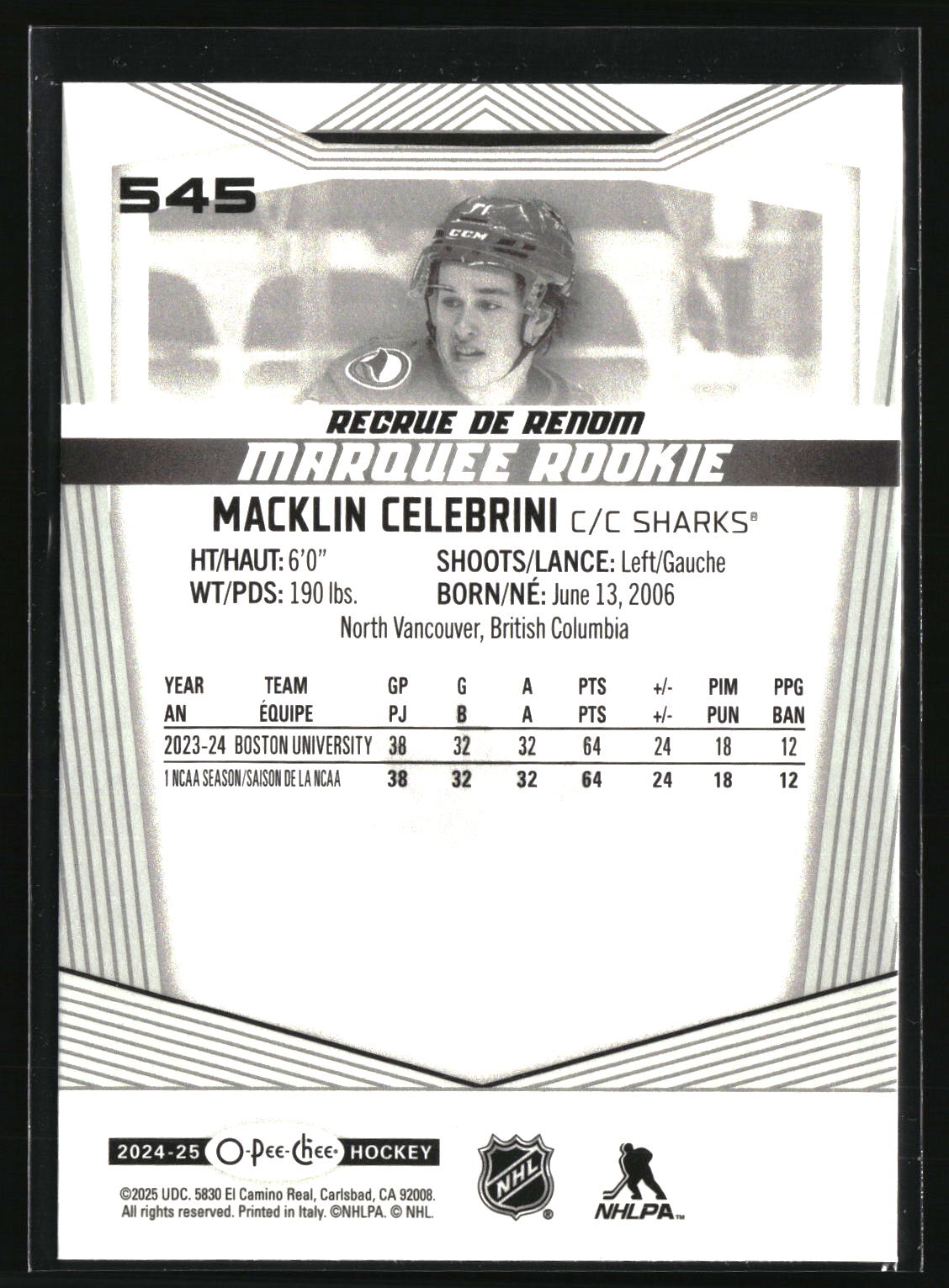 Macklin Celebrini 2024-25 O-Pee-Chee #545