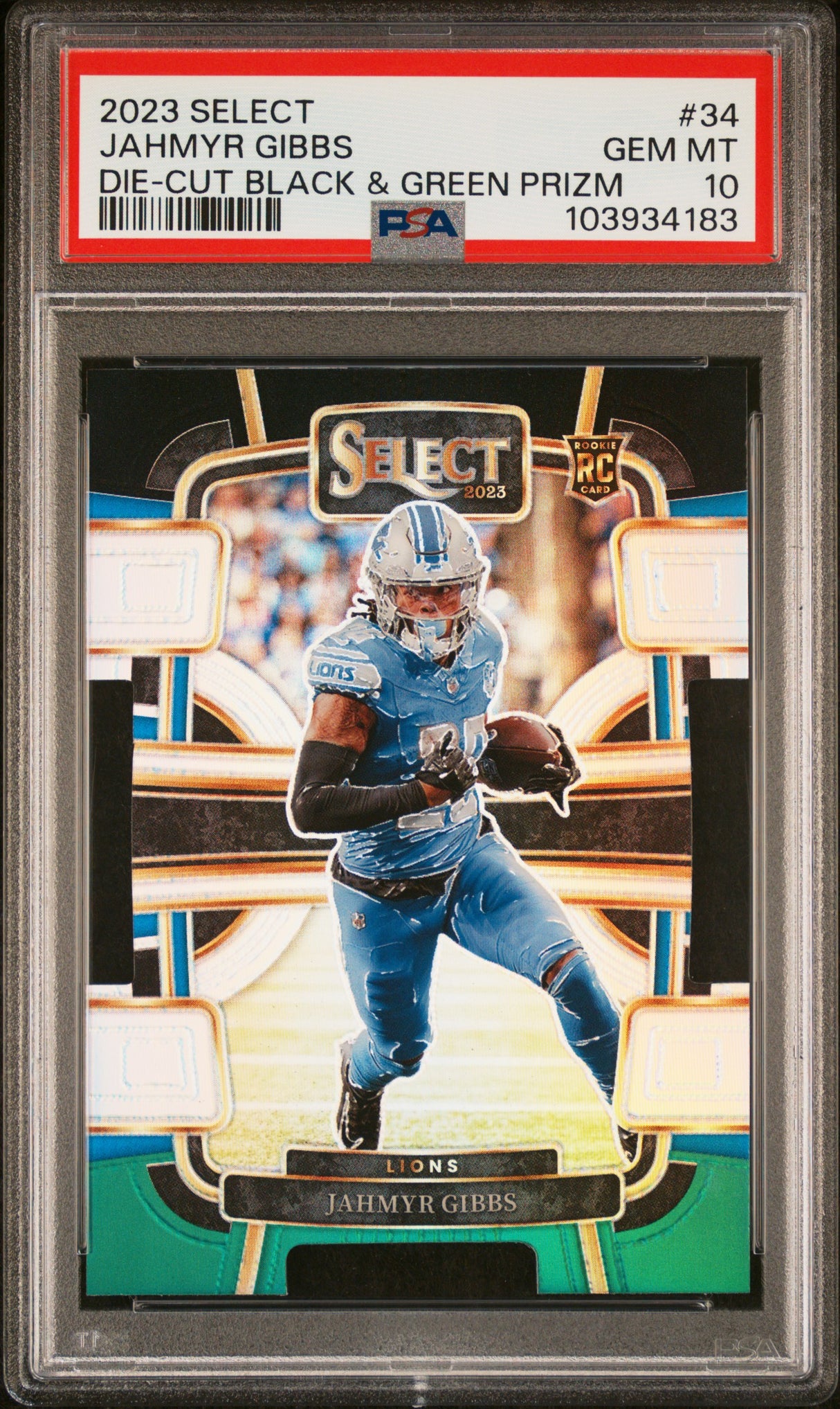 Jahmyr Gibbs 2023 Panini Select Black and Green Prizms Die Cuts #34 PSA 10