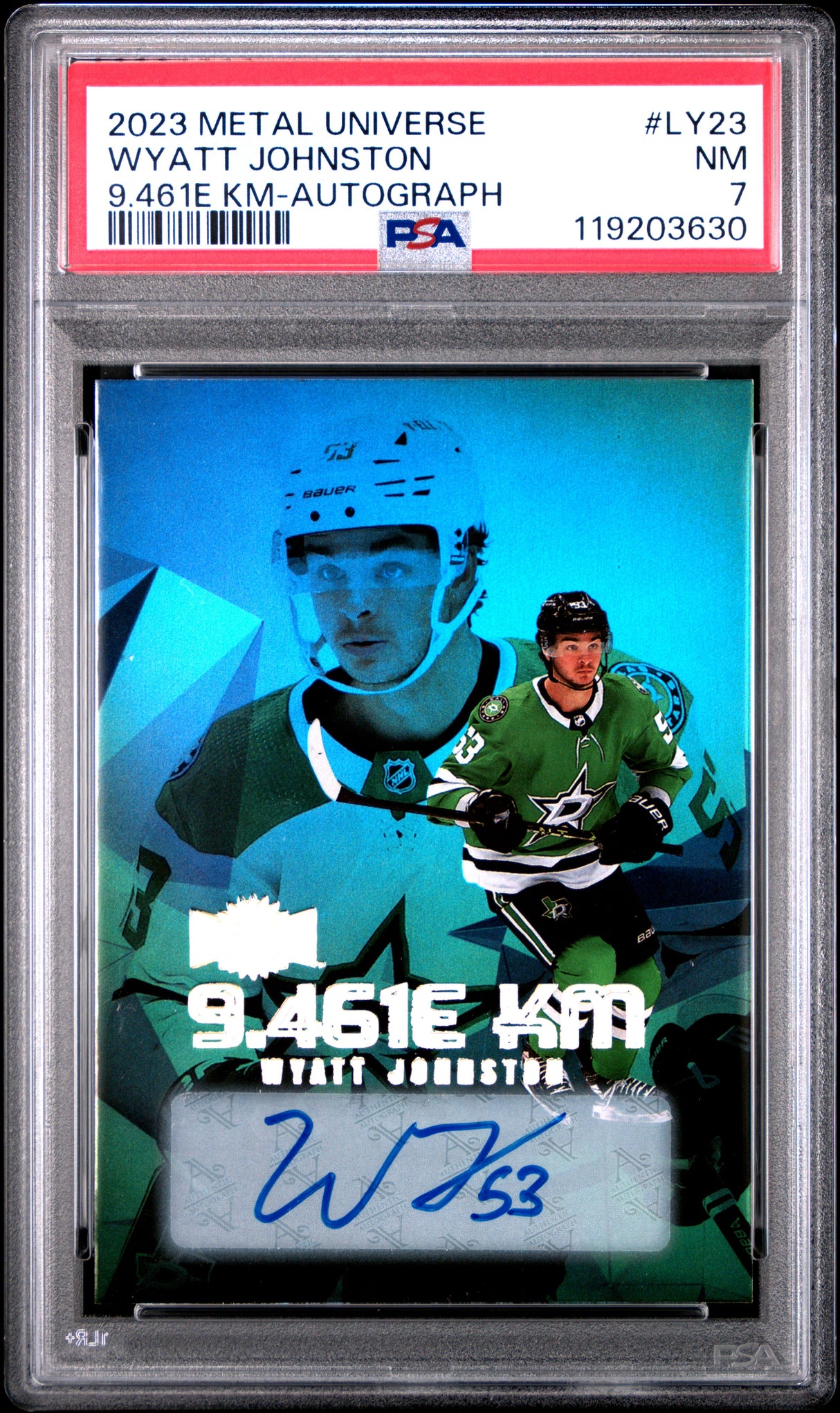 Wyatt Johnston 2023-24 SkyBox Metal Universe 9.461e KM Auto #LY-23 #/35 PSA 7