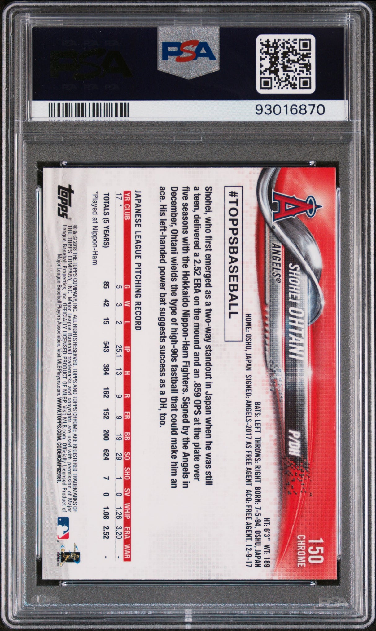 Shohei Ohtani 2018 Topps Chrome #150 PSA 10