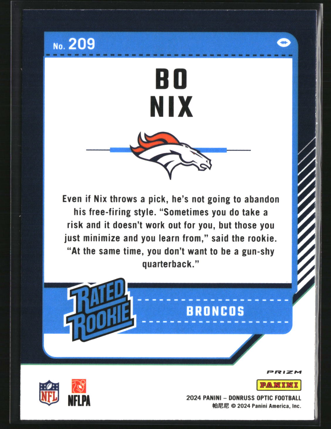 Bo Nix 2024 Donruss Optic Blue Hyper #209