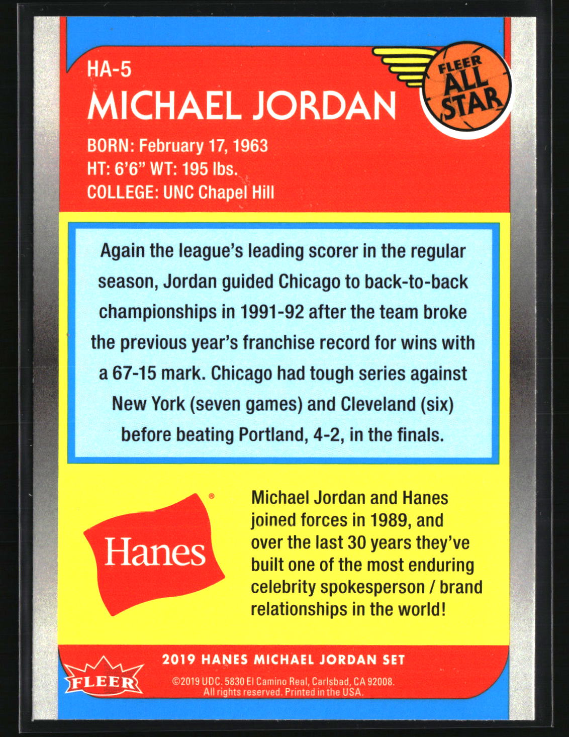 Michael Jordan 2018-19 Fleer Hanes 30th Anniversary All-Star #HA-5