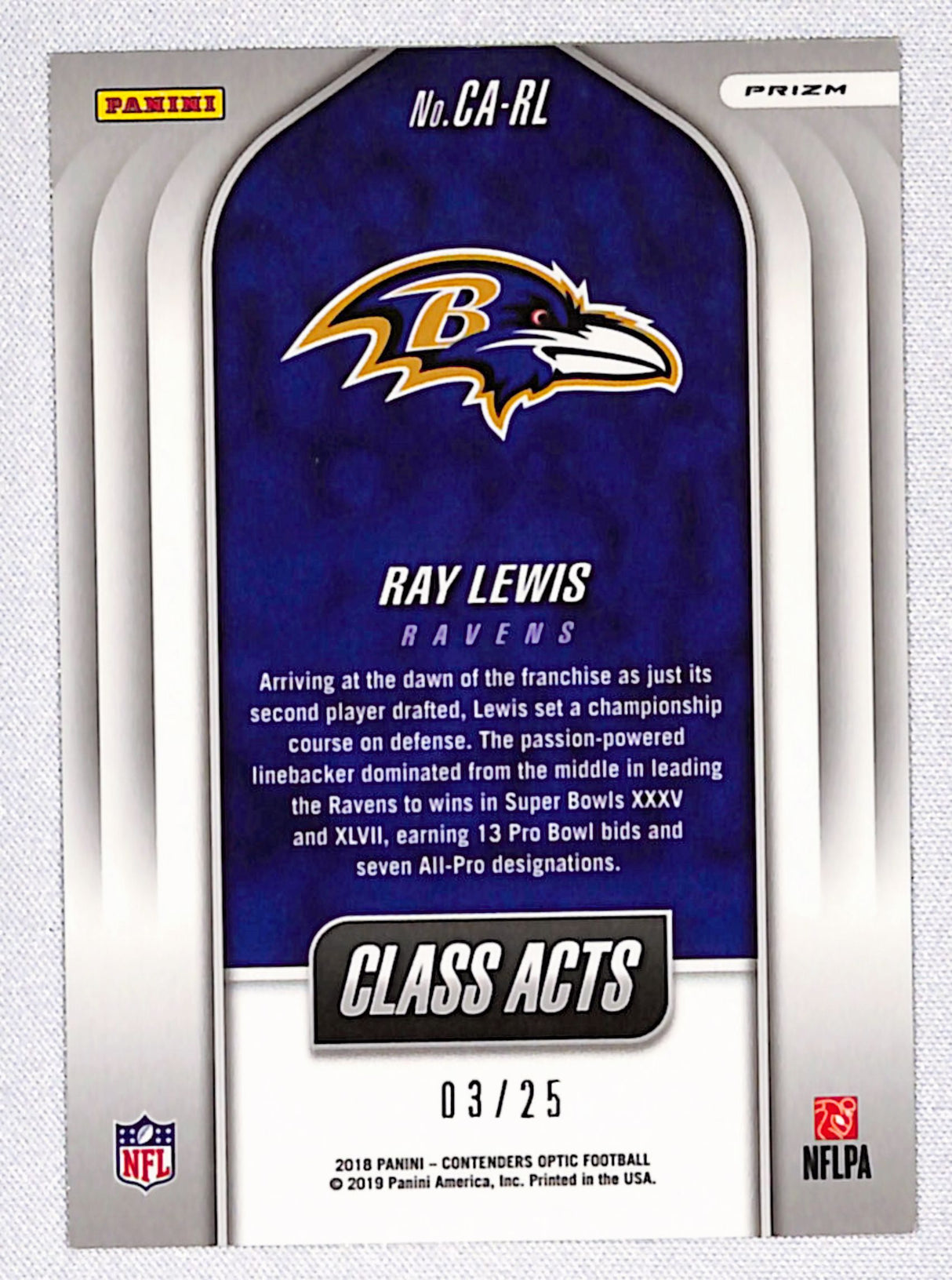 Ray Lewis 2018 Panini Contenders Optic Class Acts Blue #CA-RL #/25