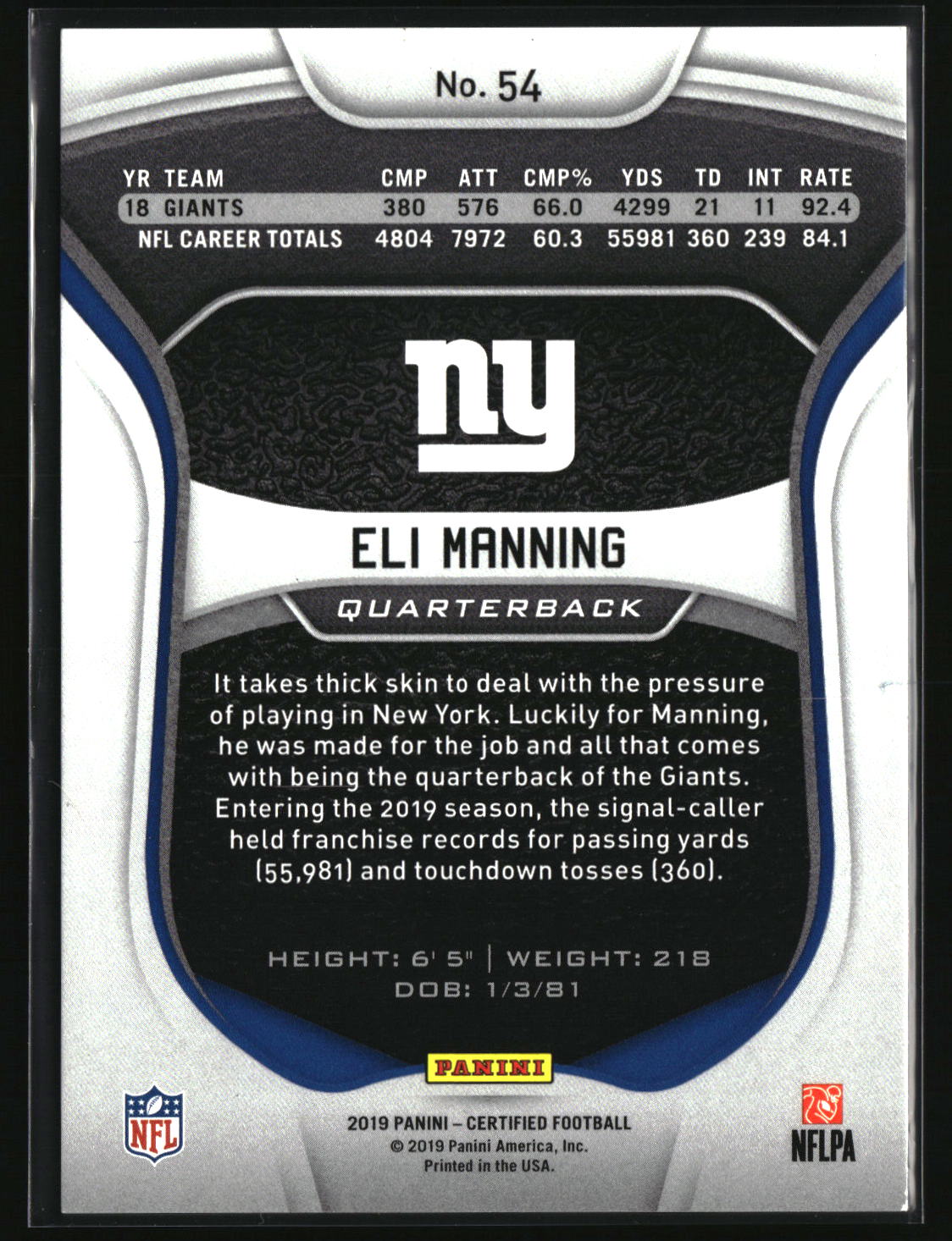 Eli Manning 2019 Panini Certified Mirror Gold #54 #/25