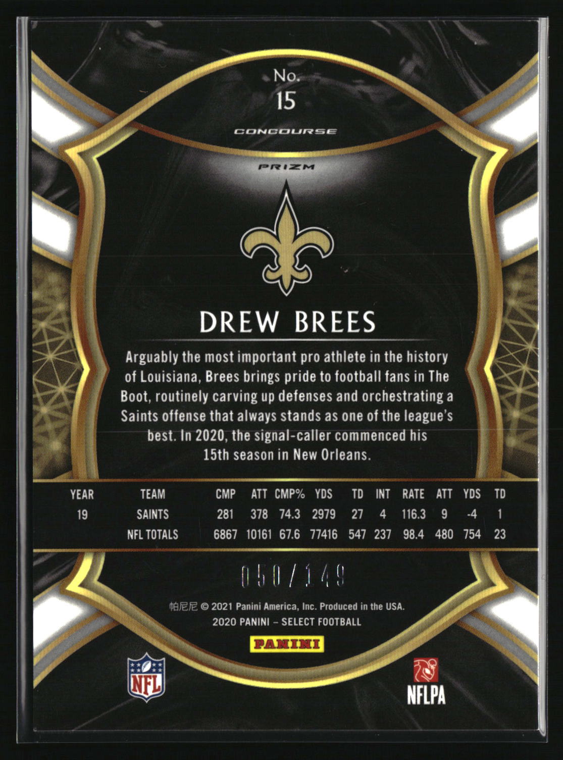 Drew Brees 2020 Panini Select Maroon Prizm #15 #/149