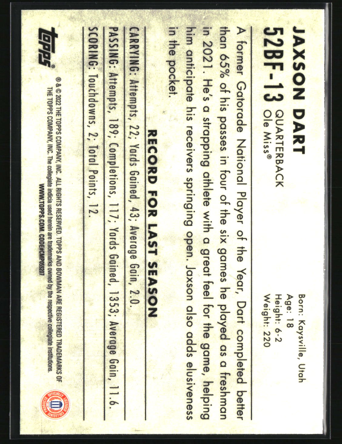 Jaxson Dart 2022 Bowman University Chrome 1952 Bowman #52BF-13