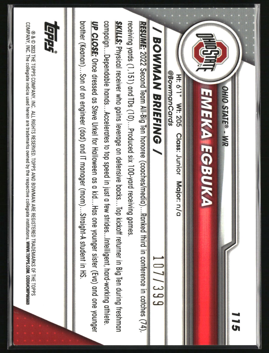 Emeka Egbuka 2023 Bowman U Chrome Purple Mini-Diamond Refractor #115 #/399