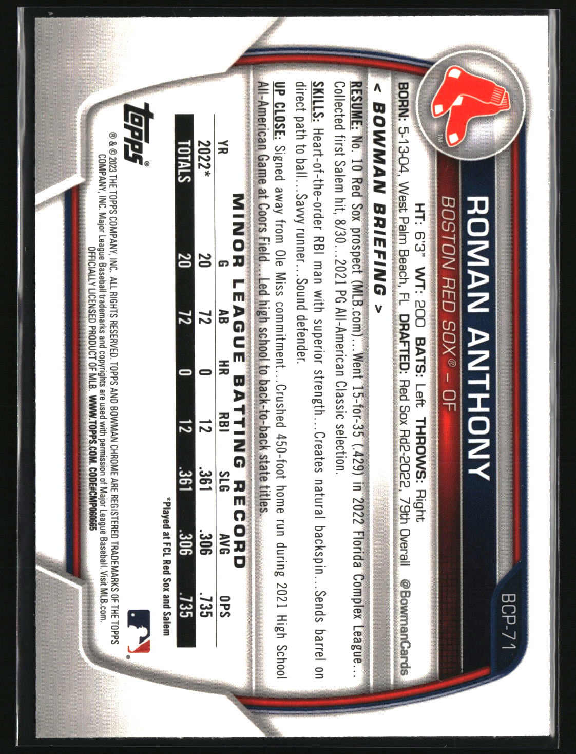 Roman Anthony 2023 Bowman Chrome Prospects #BCP-71