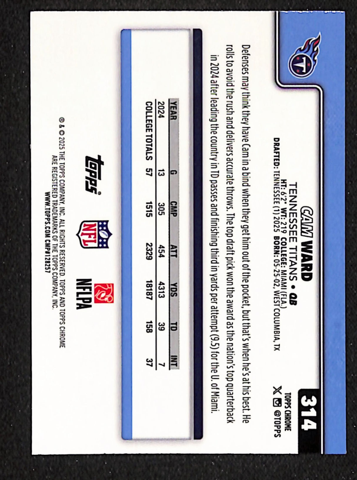 Cam Ward 2025 Topps Chrome Pulsar Refractor #314