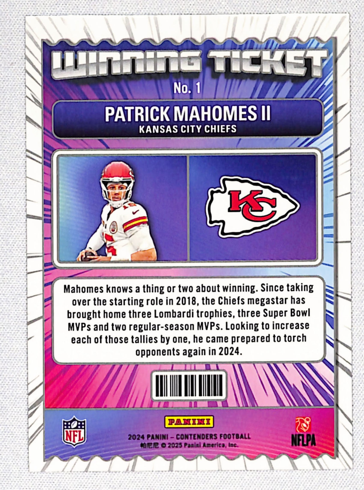 Patrick Mahomes II 2024 Panini Contenders Winning Ticket #1