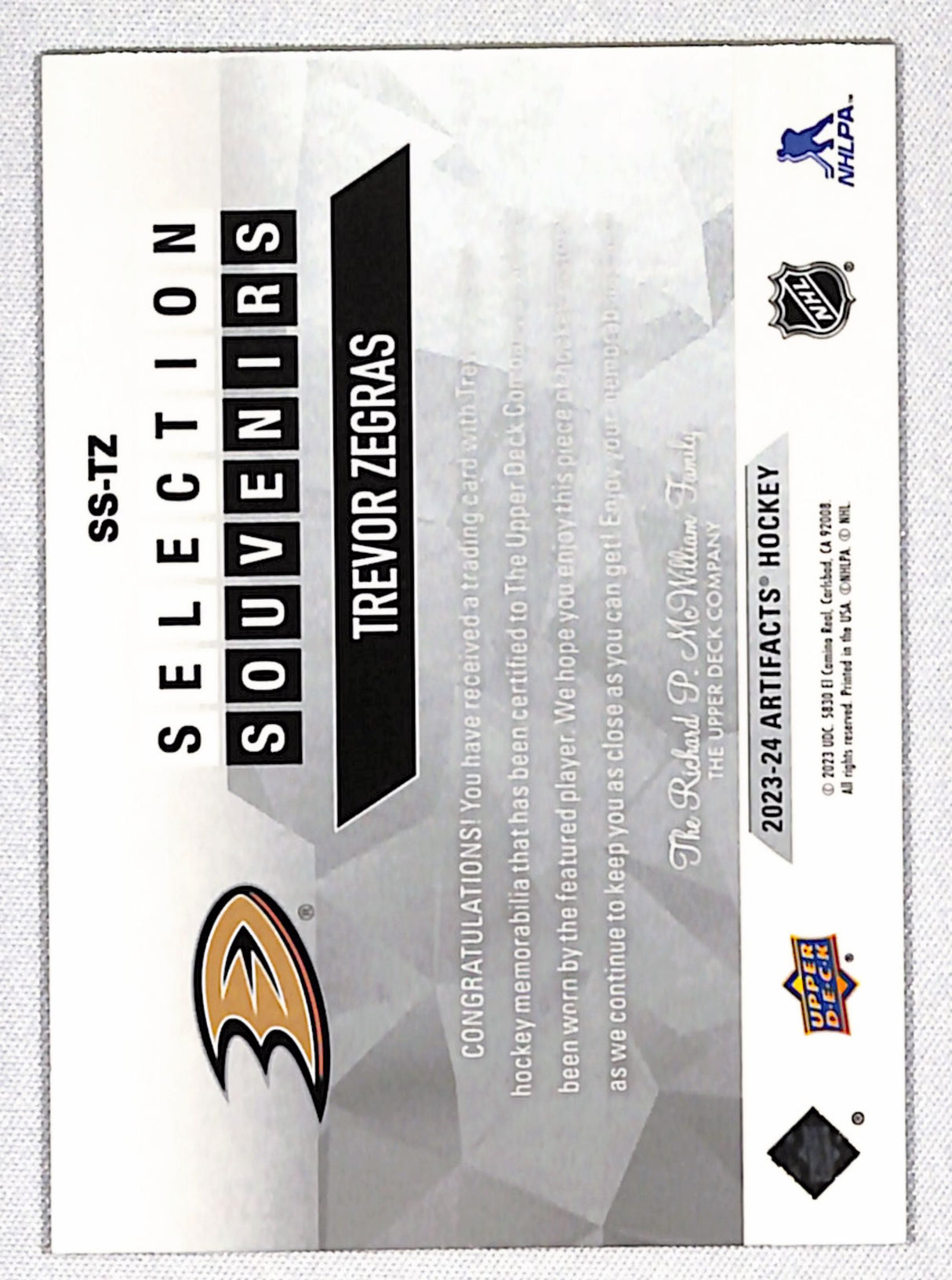 Trevor Zegras 2023-24 Upper Deck Artifacts Selection Souvenirs #SS-TZ