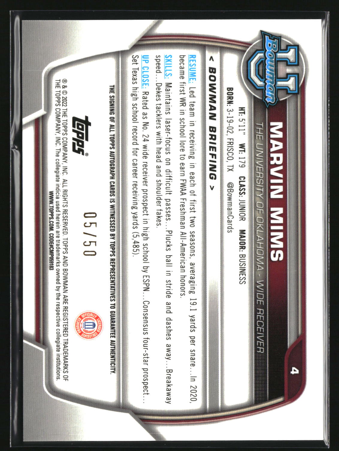 Marvin Mims 2022 Bowman UChrome Prospect Autographs Gold Lava Refractor #4 #/50