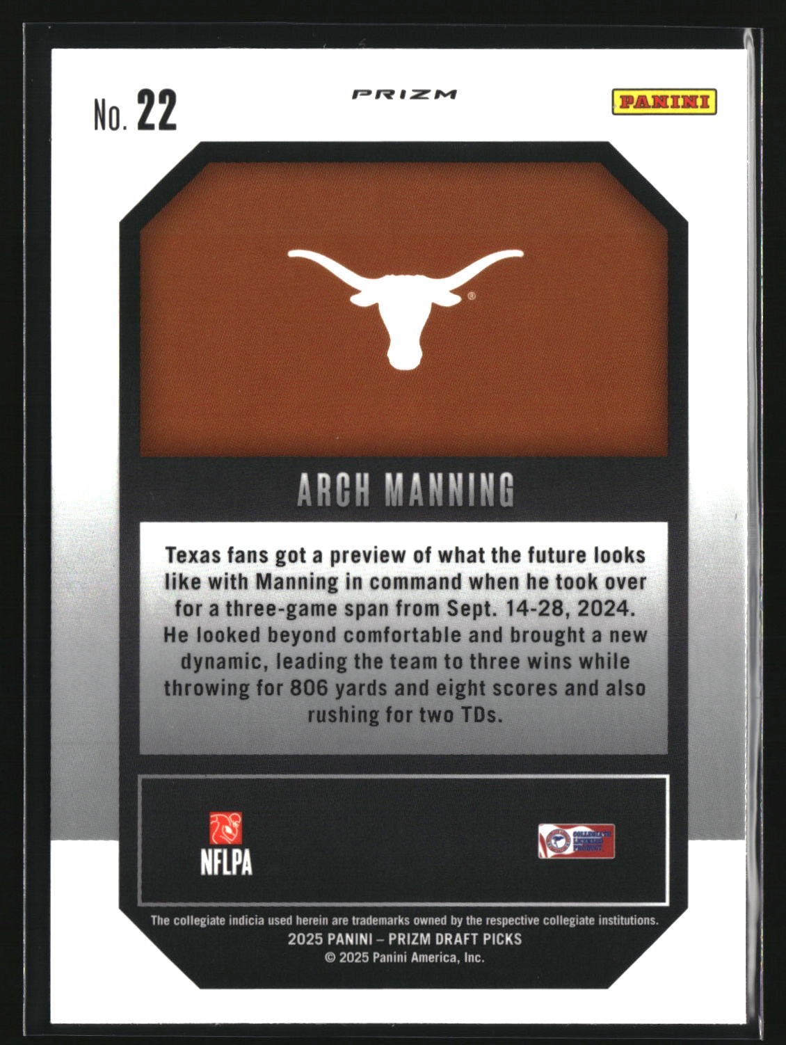 Arch Manning 2025 Panini Prizm Draft Picks New Recruits Gold Ice #22