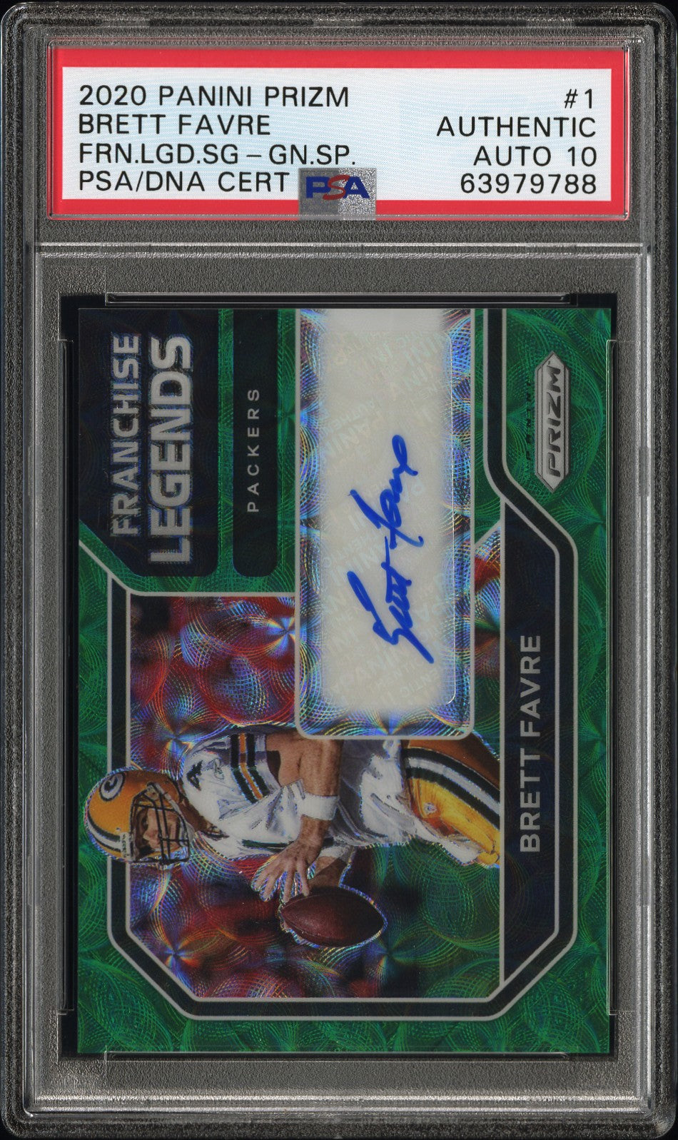 2020 Prizm #1 Brett Favre Franchise Legends Signatures Green Scope PSA Auth #/15