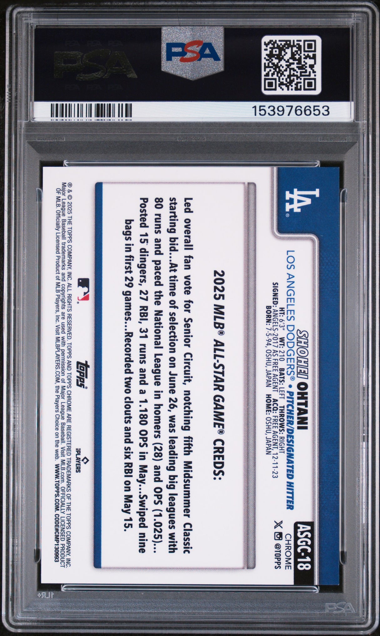 Shohei Ohtani 2025 Topps Chrome Update 2025 All-Star Game #ASGC-18b PSA 9
